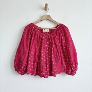Anthropologie Kopal Luma Peasant Blouse M Pink Block Print Boho Puff Sleeve